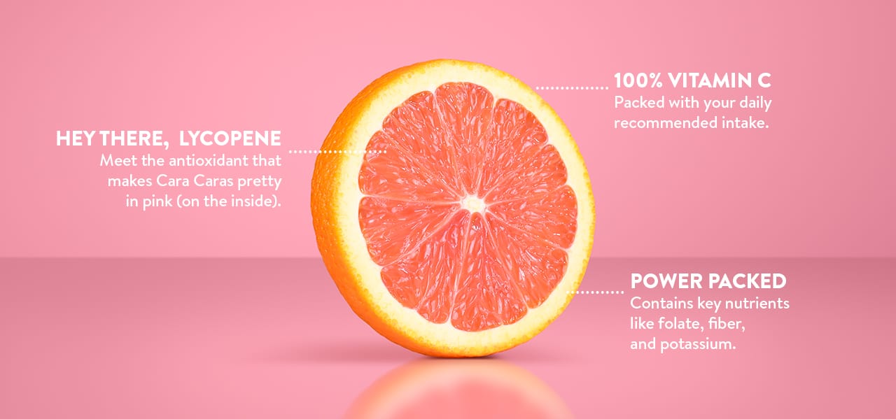 Round slice of a Cara Cara Orange on pink background including annotations.