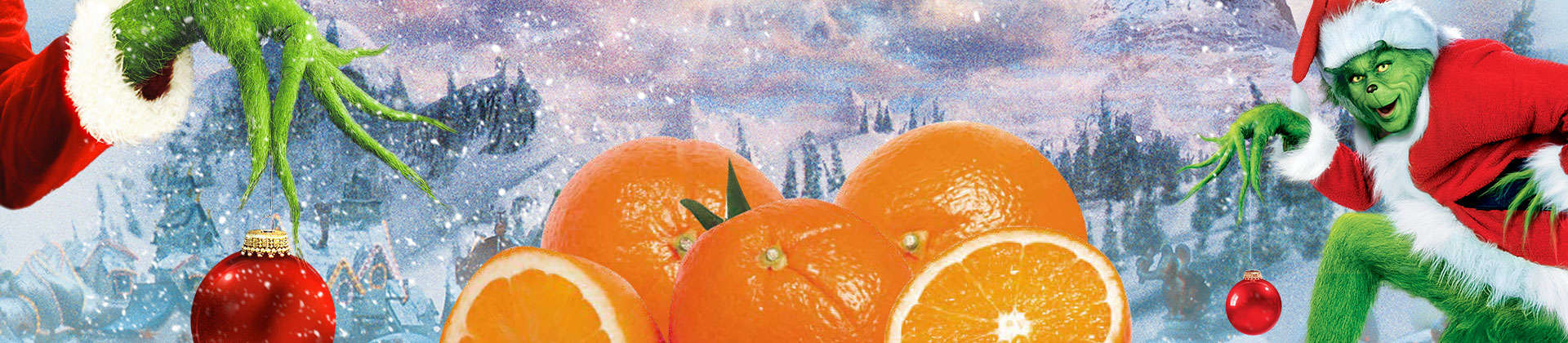 Grinch in a snowy landscape with oranges