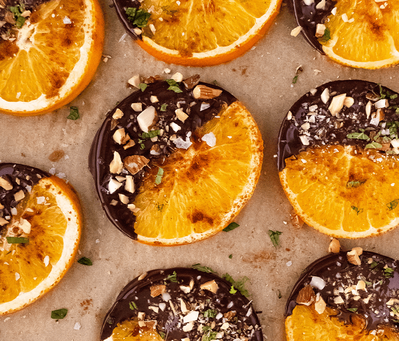 Chocolate Dipped Oranges With Almonds, Mint & Flaky Sea Salt